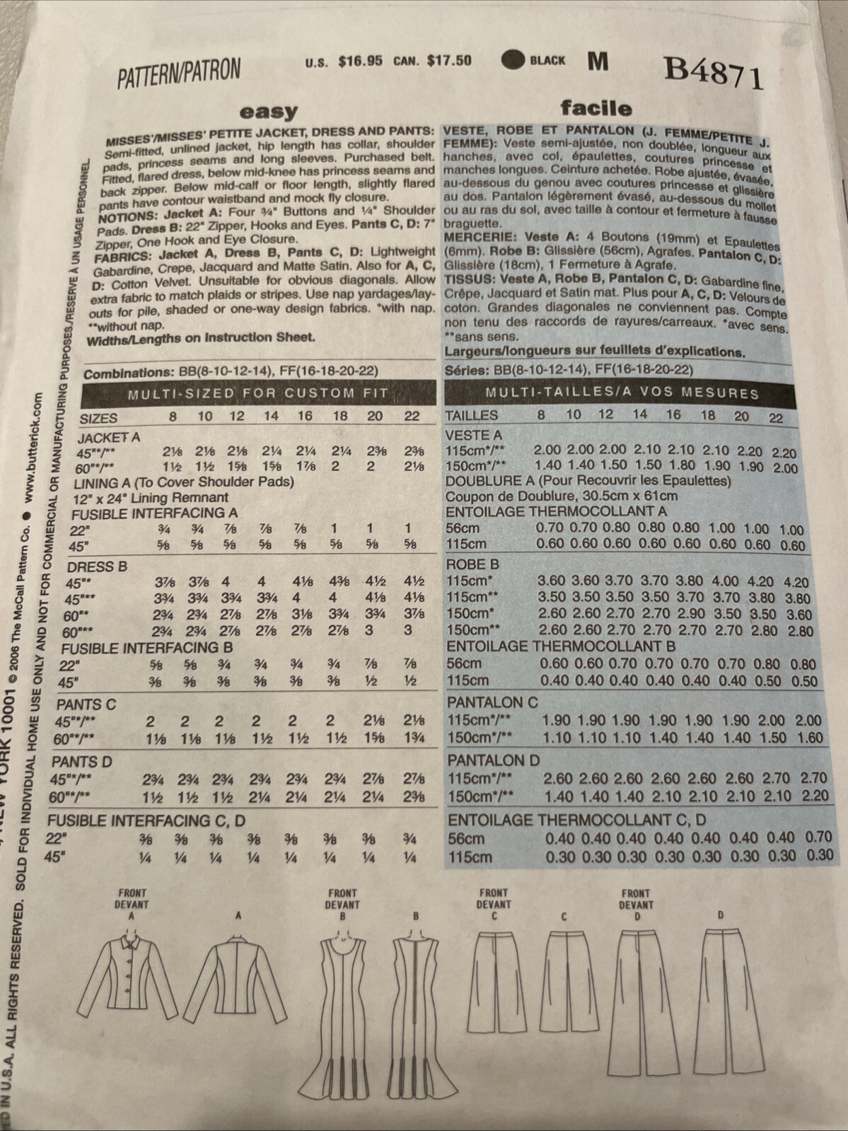 ~New Uncut Sewing Pattern Butterick B4871 Women’s Size 8-14 Jacket ...