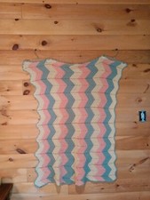 Vintage Crochet Baby Blanket Pink/Blue/White Chevron 38x47