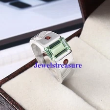 Natural Green Amethyst & Garnet Gemstones 925 Sterling Silver Ring for Men's #93