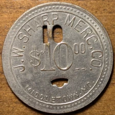 Middletown, Missouri MO J. W. Sharp Merc. Co. $10 Orco Scrip Reverse Trade Token
