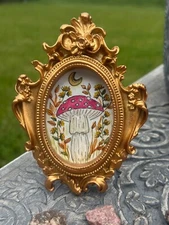 Mushroom Amanita mini art watercolor painting gold vintage style ornate frame