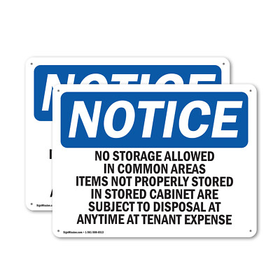 (2 Pack) No Storage Allowed In Common Areas Items OSHA Notice Sign Decal Metal