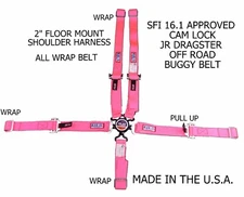 RJS SFI 16.1 5 PT HARNESS CAM LOCK FLOOR MOUNT 2" WRAP IN BELT HOT PINK 1024710