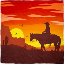 Wyoming Traders Wild Rag Cowboy Horse Sunset Print 100% Silk Scarf - 34.5"