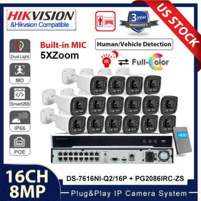 Hikvision 16CH NVR CCTV Kit  8MP Dual Light 5XZoom IR ColorVu Camera System Lot