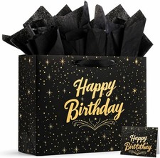 Large Happy Birthday Bag with Tissue Paper and Greeting Card, Black Bag for