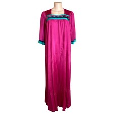 Vtg Henson Kickernick Satin Nightgown Pink Teal Maxi Lounge Dress Nylon Sz M