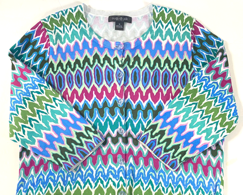 August Silk Geometric Cardigan Size XL Multicolor 3/4 Sleeves Clear Buttons - Picture 3 of 13