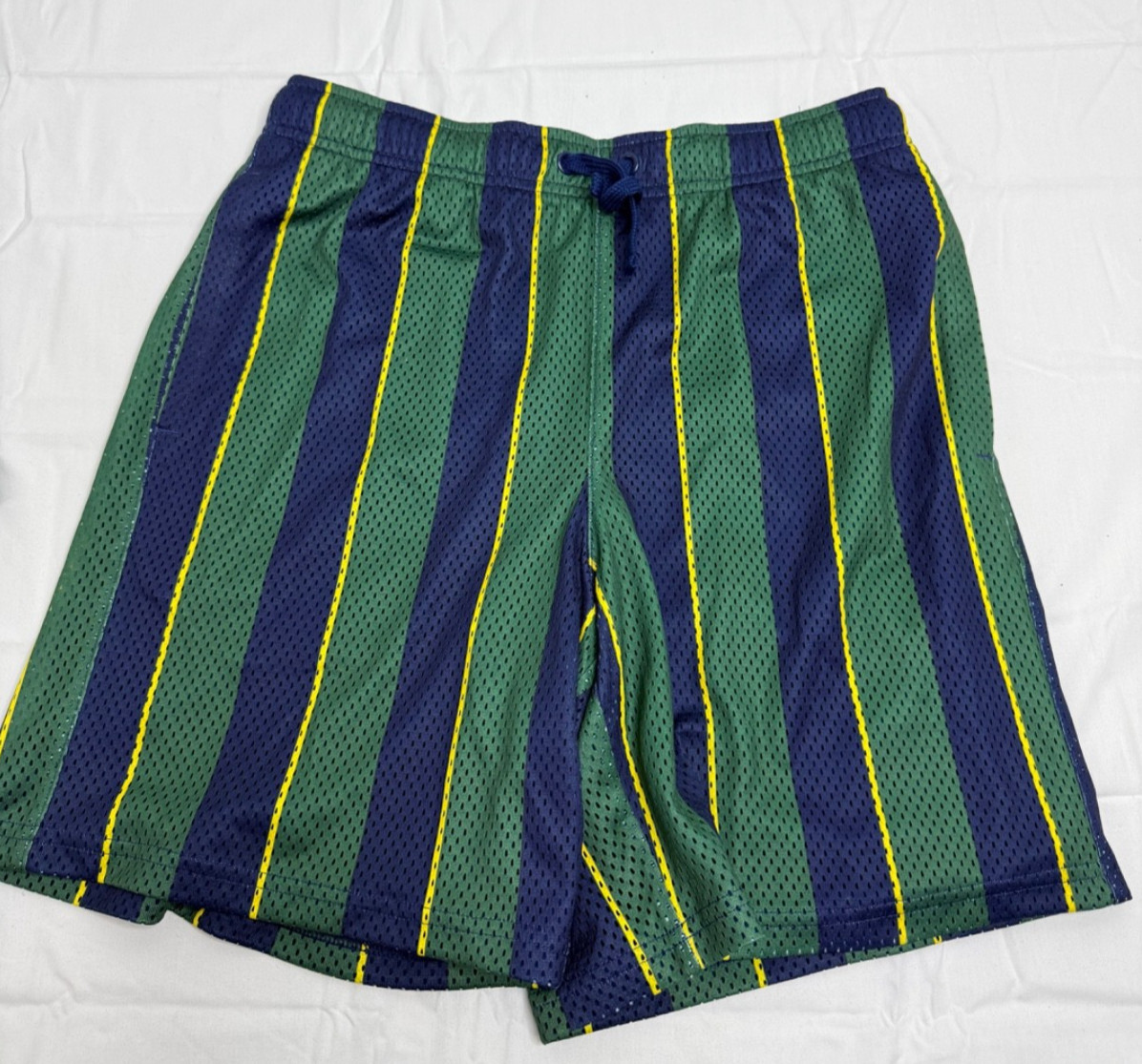 DSG Shorts Boys XS Green Blue Retro Yellow Stripes 6" Mesh Athletic Gym Shorts
