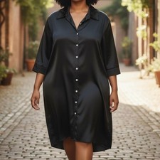 Harve Benard Tunic Shirt Dress 16W Black 100% Silk Button Front Relaxed Lagom