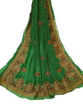 Green Chiffon Dupatta Maroon Paisley Embroidery, Indian Wedding Scarf LD7255