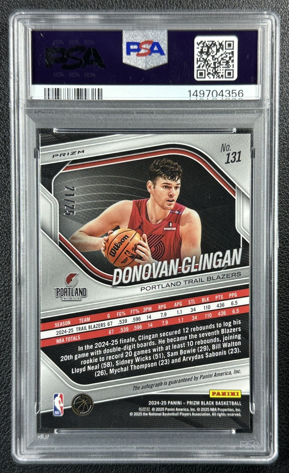 DONOVAN CLINGAN PSA 10 2024 PANINI PRIZM BLACK #131 AUTO BLUE SHIMMER RC 21/25 view 2