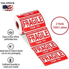 2Rolls Fragile Stickers 2"x3" Handle with Care Thank You 500/Roll Warning Labels