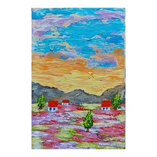 Tuscany Wildflowers Country House Original Painting Mountains Handmade Wall Art