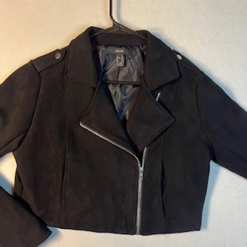 Chaqueta de moto Forever 21 negra para mujer M recortada imitación gamuza cremallera completa Foto 4 de 4