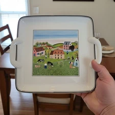 Villeroy & Boch Tray Design Naif 1983 Luxembourg Folk village 8" Square handles
