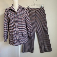 VTG 70s Plaid Pant Suit 2pc Mod Top 14 Pants 12 Union Made Red White Blue Check