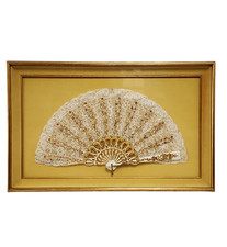 Beautiful Framed Folding Lace Hand Fan Adorned w/ Sequins, Gold Accents