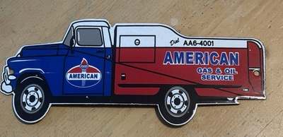 #ad AMERICAN GAS AND OIL SERVICE TANKER TRUCK PORCELAIN SIGN 12quot;× 5quot; $79.00