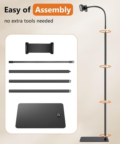 iPad Floor Stand, Adjustable Height Tablet Stand with Flexible Black - Photo 9/9