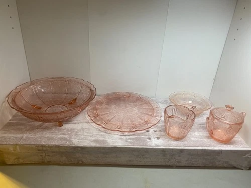 Jeannette Cherry Blossom Footed Fruit Bowl Sugar Creamer Pink Depression Glass