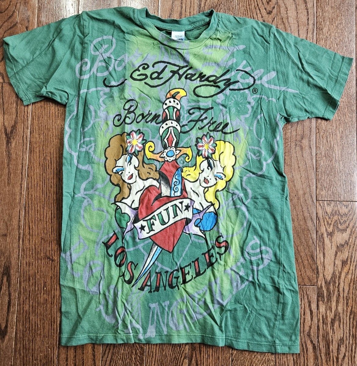 Ed Hardy Graphic T-Shirt Black Sz Small Green Vtg Y2K Los Angeles