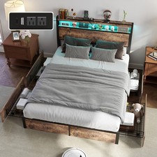 Metal Bed Frame Full/Queen/King w/ LED Storage Headboard Charging Station,Brown