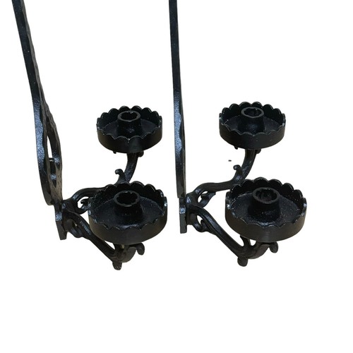 Pair Heavy Iron Spanish Gothic Vintage Wall Sconces Black Double Candle Holder - Picture 7 of 13