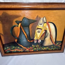 Oil on Canvas Painting Still Life Horse Head Pitcher Wall Art Carol Myer Vintage