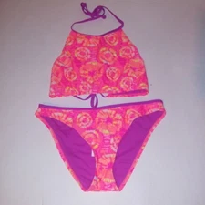 Joe Boxer Swim Suit Bikini Top Bottom Set Pink Orange Tie Dye Halter Crop New