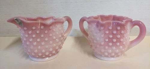 Read Vintage Fenton Pink Hobnail Sugar and Creamer Milk Glass