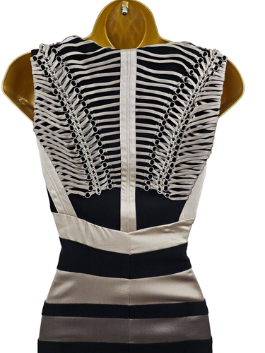 UK 10 KAREN MILLEN Black Taupe Chain Back Cocktail Party Pencil Dress - Picture 4 of 7