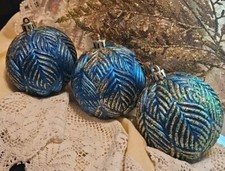 3 PEACOCK JEWEL COLOR SHATTERPROOF Ornaments TEAL AQUA BLUE GLITTER GOLD