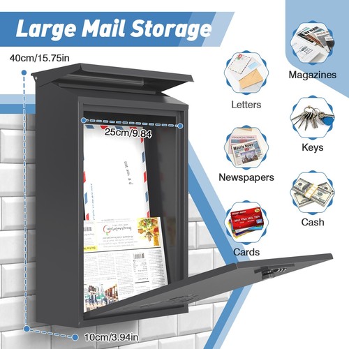 Post Boxes Wall Mounted Waterproof Steel Mailbox Modern Delivery 40×25×10cm NEW - Picture 2 of 7