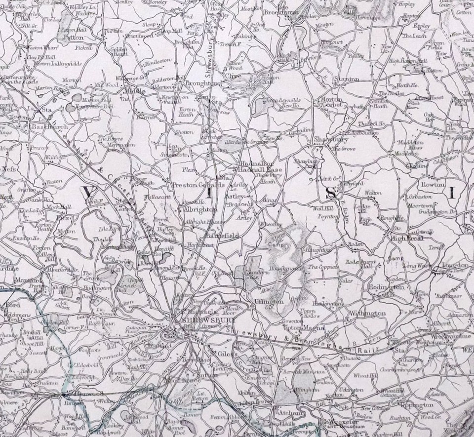 1864 Groß Antik Landkarte ~ Shropshire Nord Division Shrewsbury ...