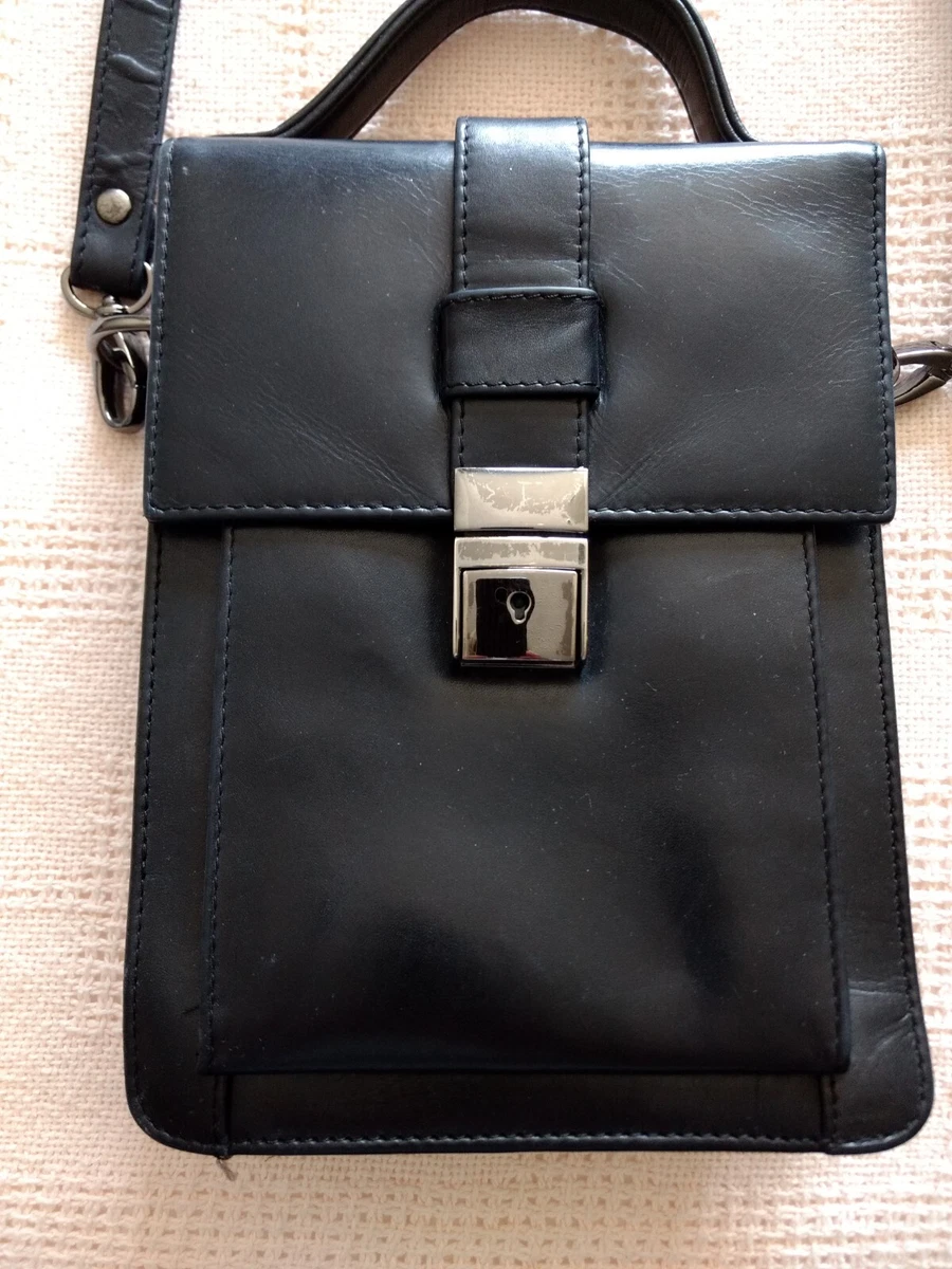 Black Leather Crossbody Handbag Mini Attache Shoulder Bag Detachable Strap EUC