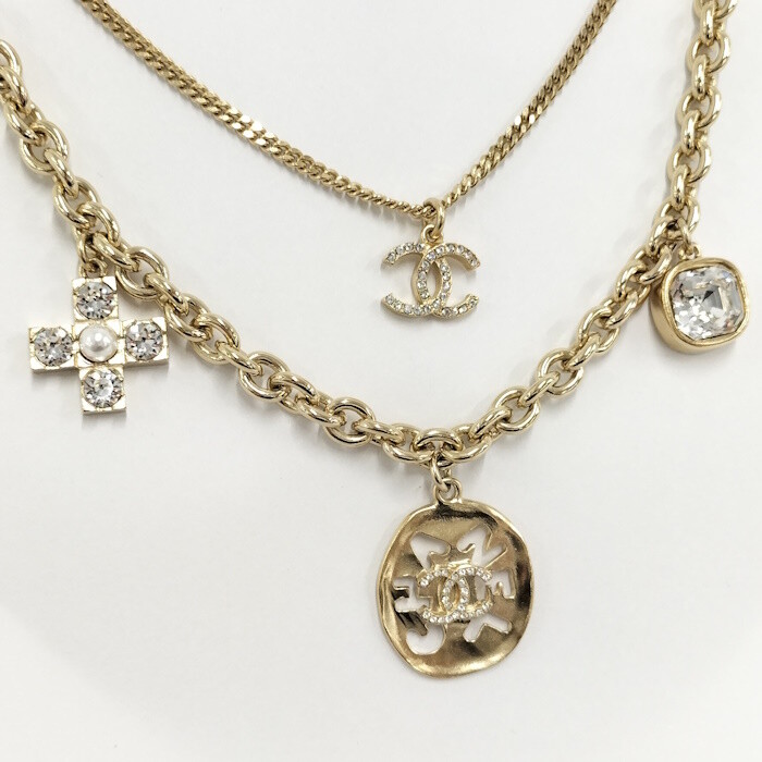 CHANEL NECKLACE RHINESTONE COCO MARK GOLD GP F21K L 38-45CM