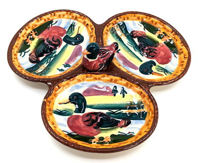NOS! Vintage Mid-Century Raised Relief Earthenware Duck 3-Compartment Dish