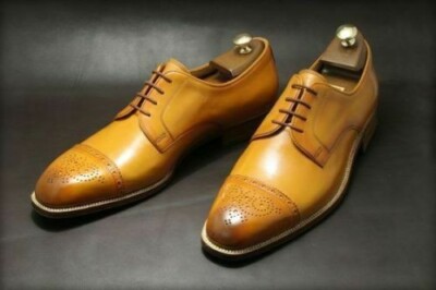 Men's Handmade Genuine Tan Leather Oxford Brogue Toe Cap Lace Up Wedding Shoes