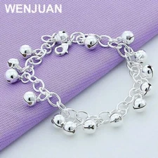 925 Sterling Silver Bells Beaded Chain Bracelet Women Wedding Party Jewelry
