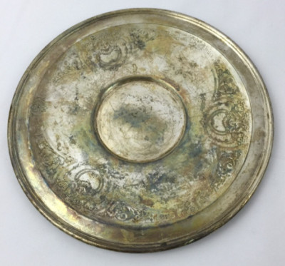Silver On Copper Etched Guildhall 11'' Diameter Serving Tray Primitive Steampunk