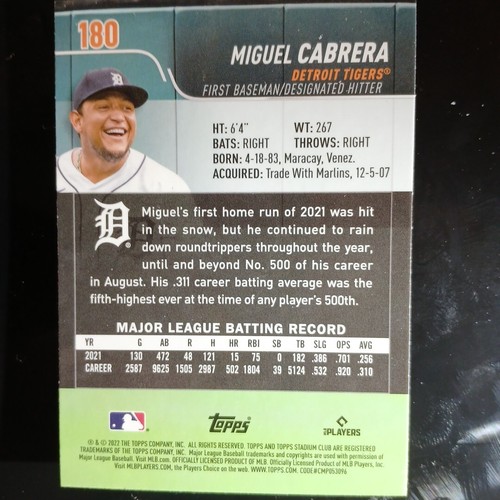!! Superstar Sp!!2022 Topps Stadium Club Miguel Cabrera Cromo #180 - Imagen 5 de 7
