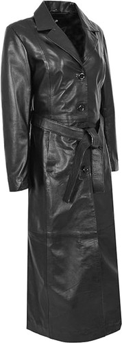 Leather Trench Coat Long Lambskin Genuine Women's Women Stylish Real Overcoat - Picture 3 of 21