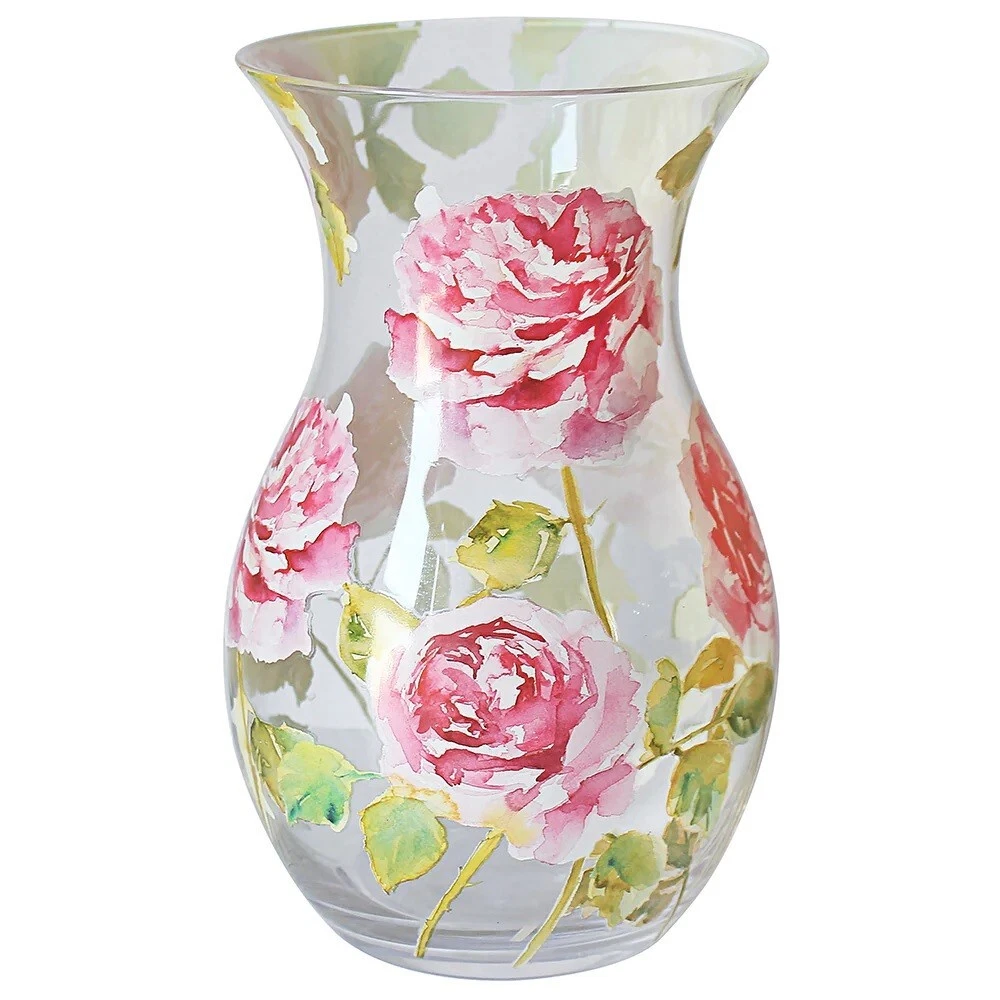 Pink Rose Garden Glass Vase Gift Boxed Floral Pink Roses