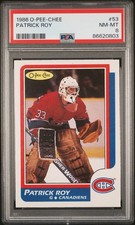 1986 O-Pee-Chee OPC #53 PATRICK ROY ROOKIE CARD PSA 8 NEAR MINT-MINT. rookie card picture