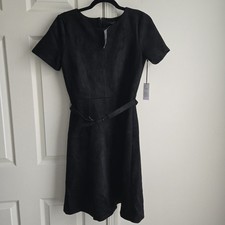 NWT $159 ANN TAYLOR Size 4 Black Dress Belted Short Sleeve Luxurious Faux Suede
