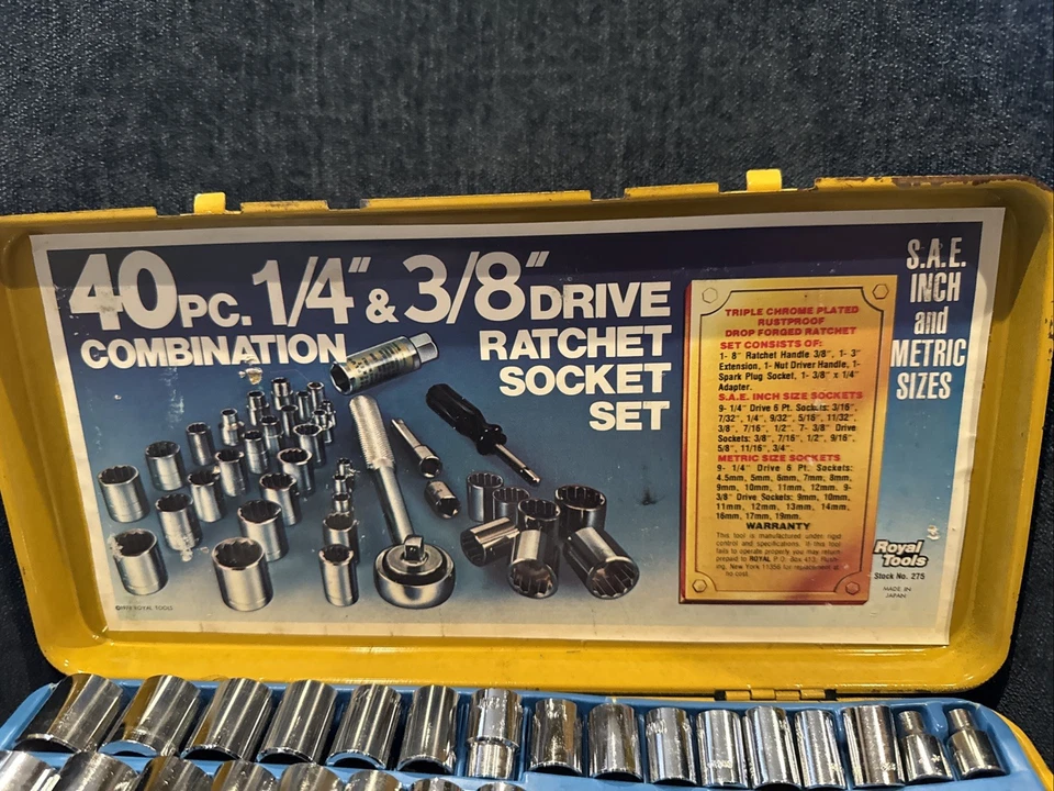 VTG 1978 Royal Tools 40pc Socket Set 1/4” 3/8” Ratchet w/Case - Used, Missing - Image 3 of 4