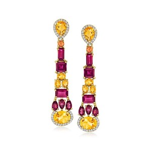 Authentic Bohemian Citrine Rhodolite Garnet Long Chandelier Earrings Gold Plated 11 Ctw.