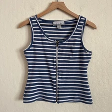 Vintage 90s New York Style Zip Front Ribbed Tank Top Medium Blue White Stripes
