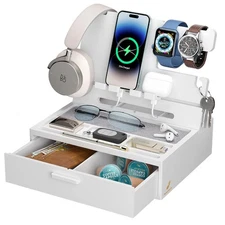 Wooden Charging Station, Bedside Nightstand Tray, with Spacious Drawer, Felt ...